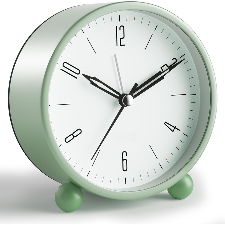 Настолен будилник с бутон за осветление на циферблата, безшумен механизъм без тиктакане, метален, 11 см, зелен