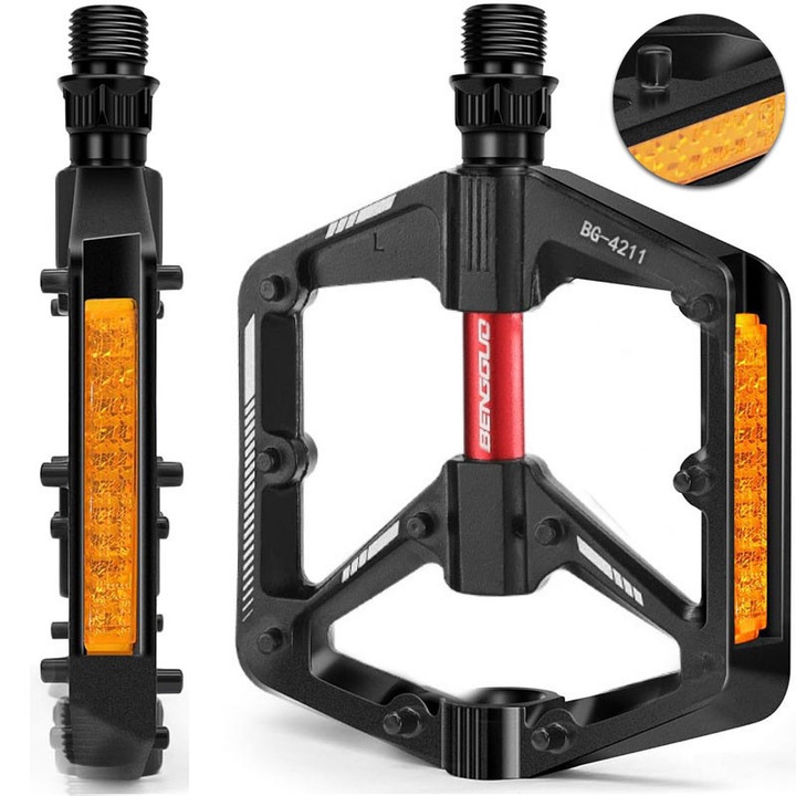 Педали за велосипед MTB, 346 г, 10 x 8 x 1,5 см, Комплект от 2 алуминиеви педала за велосипед, По-широки педали, Светлоотразителни ленти, Ергономични, Противоплъзгащи, За MTB, Водоустойчиви, Шосе, BMX, Черни