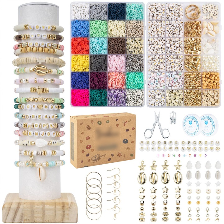Set de perle din polimer pentru bratari DIY, multicolor, cu litere si accesorii, usor de utilizat