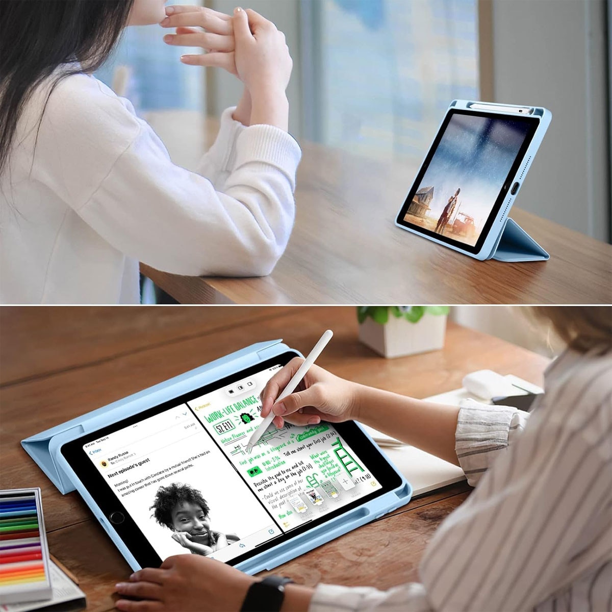 Husa iPad 10.2 Inch, AMRINUGL, cu suport pentru creion, auto sleep/wake, culoare neagra, dimensiuni 10.2x7.5x0.5 inch