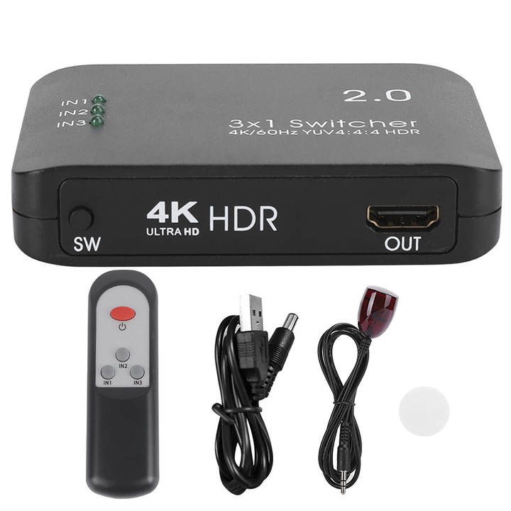 Switch HDMI Ultra HD, AMRINUGL, 3 intrari 1 iesire, suport HDR si HDCP, 4K, cu telecomanda IR HD