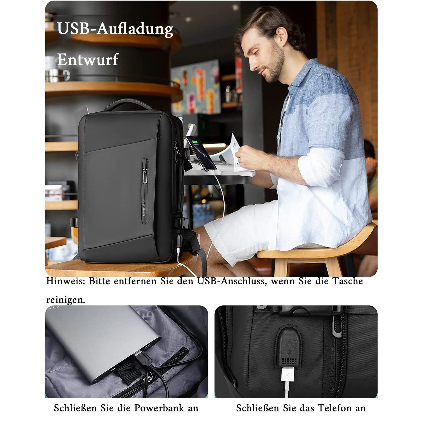 Rucsac laptop 15.6 inch, Enforose, cu port USB, expandabil, bumbac, abanos