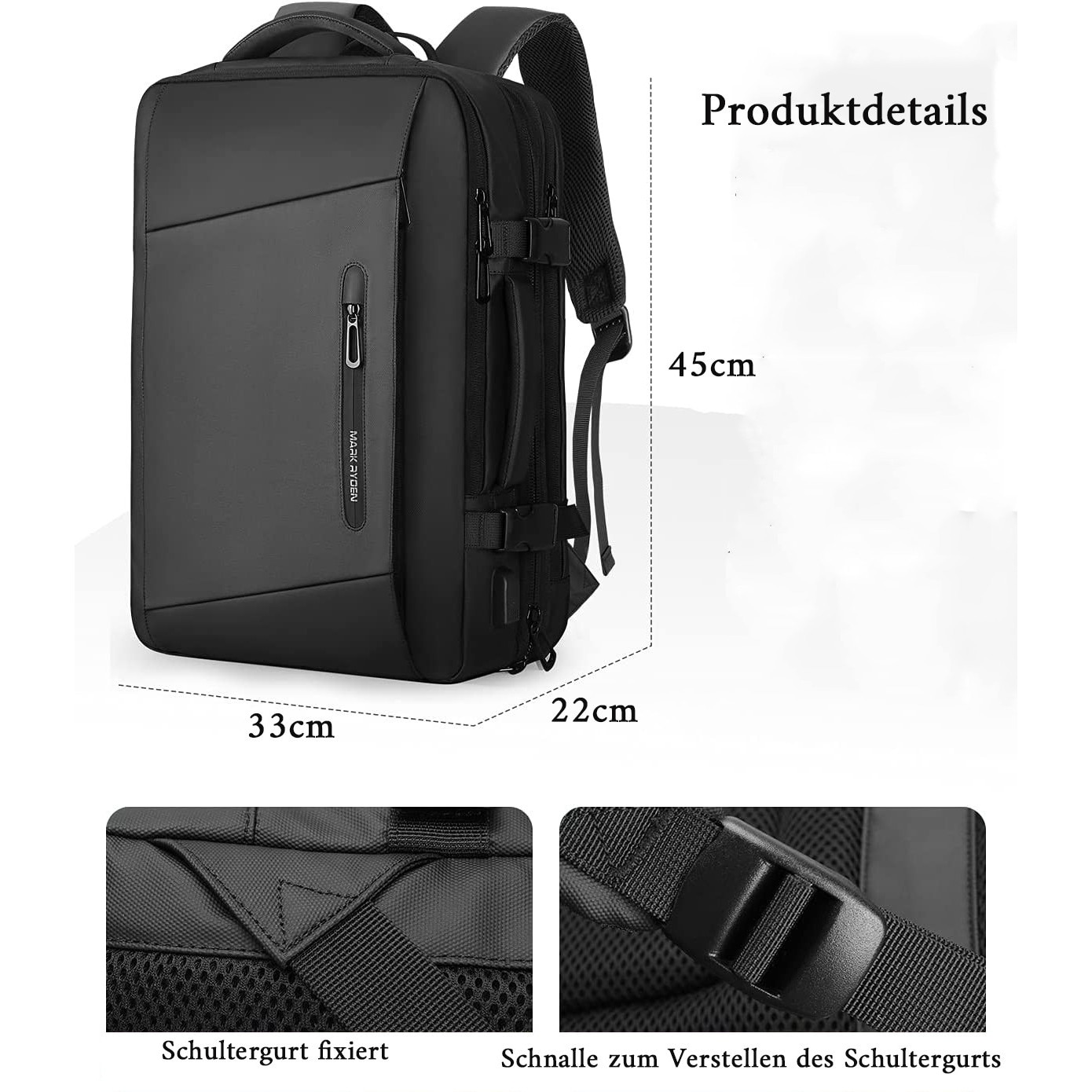 Rucsac laptop 15.6 inch, Enforose, cu port USB, expandabil, bumbac, abanos