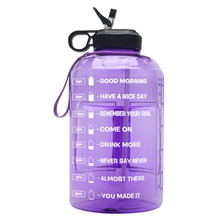 Sticla de apa sanatoasa pentru calatorii, cu citat motivational, sticla mare portabila de apa cu gura larga, ulcior de apa rezistent la scurgeri, 1 galon, fara BPA, violet