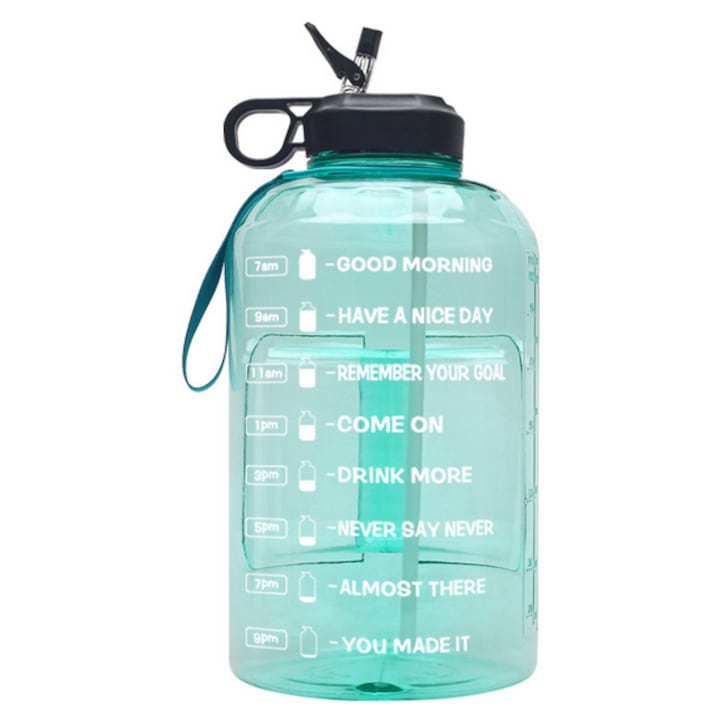 Sticla de apa cu marcator de timp pentru hidratare zilnica, plastic fara BPA cu citate motivationale, 128 oz rezistenta la scurgeri si usoara, material prietenos pentru calatorii si non-toxic, verde