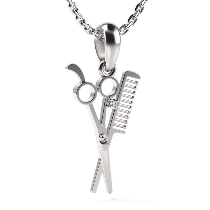 Lantisor cu pandantiv din aur alb Foarfeca si pieptene