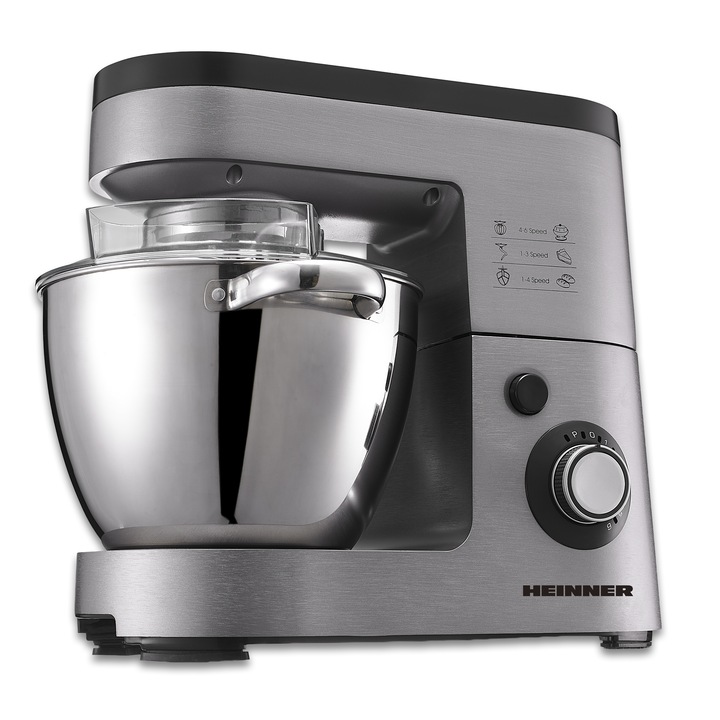 Mixer planetar cu bol Heinner HPM-1500XMC-V2, 1500W, bol inox 5.5L, 6 viteze, corp aluminiu, angrenaje metalice, tel, carlig si paleta, inox