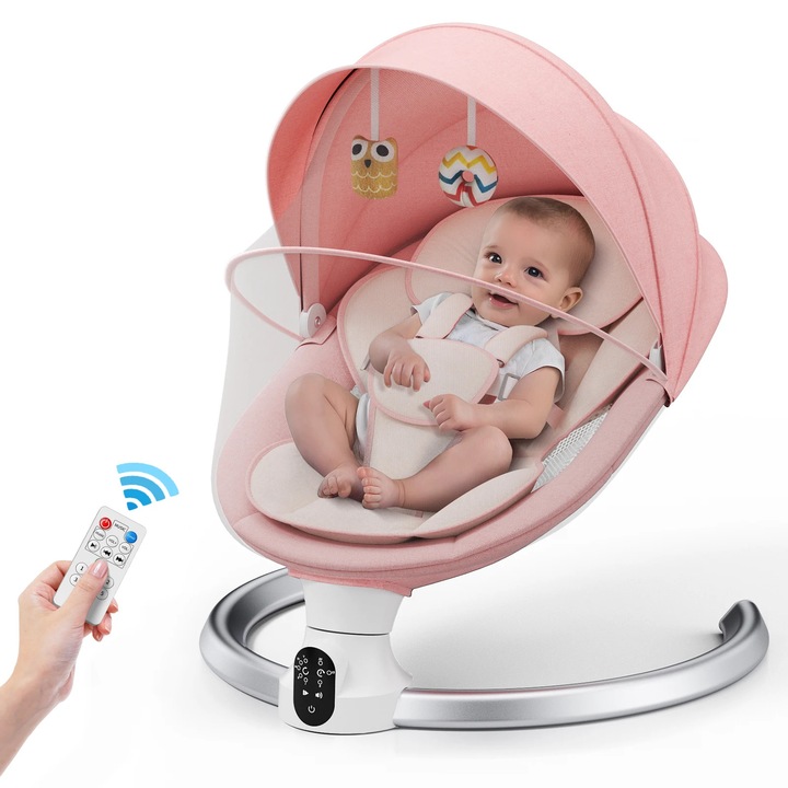 Balansoar Electric Bebe cu Bluetooth, Harnasament 5-Puncte, Temporizator, Muzica, Control prin Aplicatie Mobila/Telecomanda/Panou IMD, Culoare Roz