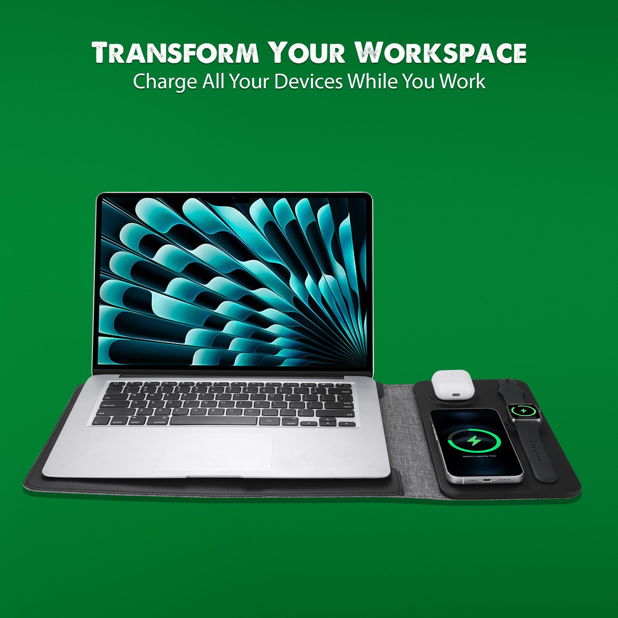Husa laptop si tablete 5 in 1, incarcare wireless，ncarcare rapida fara fir pentru telefoane mobile, casti si ceasuri，Mousepad，neagra, pentru 12-14 inch，Compatibila Universal, MacBook Air, MacBook Pro, laptopurile， tabletele
