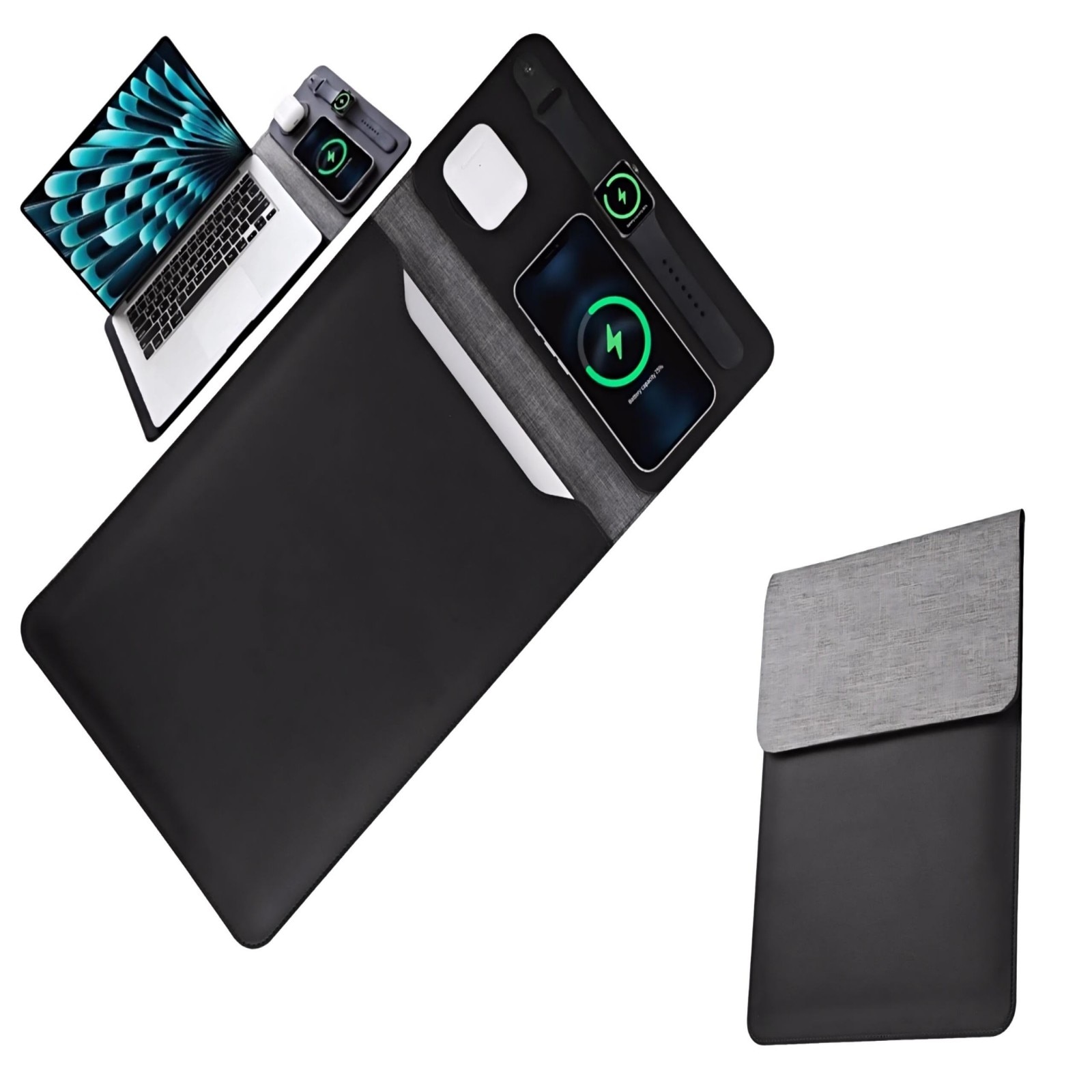 Husa laptop si tablete 5 in 1, incarcare wireless，ncarcare rapida fara fir pentru telefoane mobile, casti si ceasuri，Mousepad，neagra, pentru 12-14 inch，Compatibila Universal, MacBook Air, MacBook Pro, laptopurile， tabletele