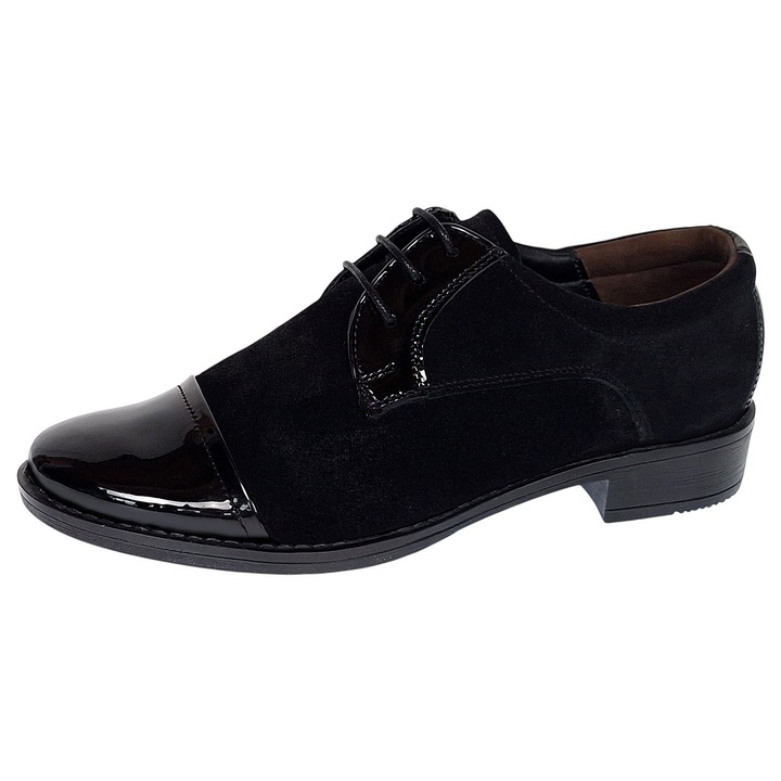 Pantofi dama casual din piele naturala, cu siret 200429, Negru velur/Negru lacuit