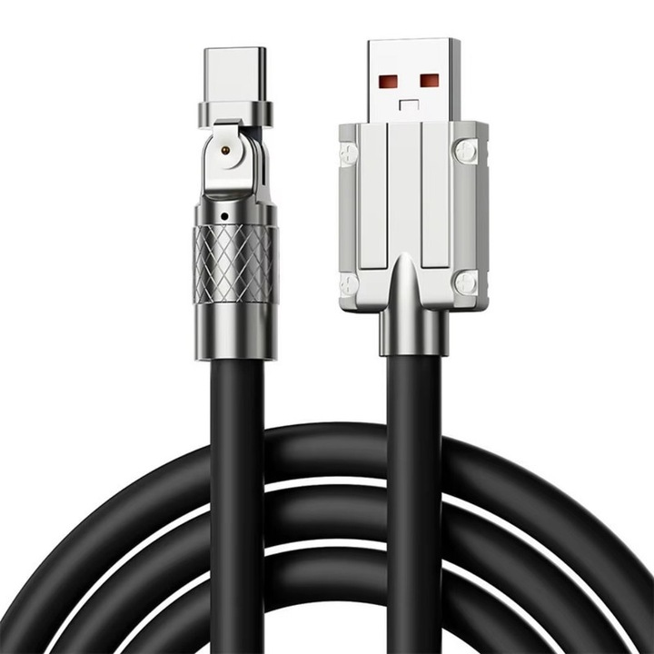 USB Type-C кабел за данни и зареждане, завъртане на 180°, бързо зареждане 120W, 6A, издръжлив силикон, с индикатор за зареждане, съвместим със Samsung, Huawei, Xiaomi, Oppo, OnePlus, PREMIUM, черен, 1 м