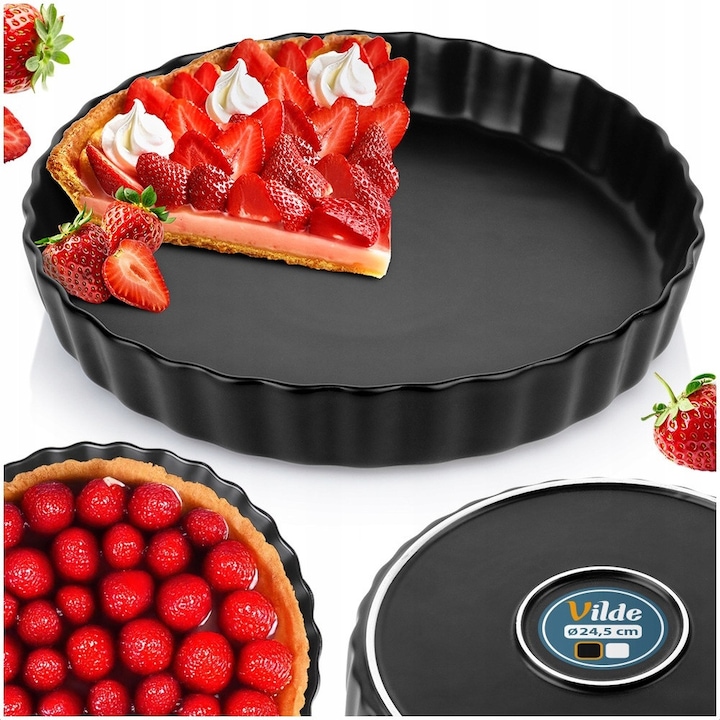 Forma Pentru Tarta, Vilde, Rotunda Ceramica, Neagra, Diametru 24.5 cm, Inaltime 4 cm, Rezistenta La Temperaturi De Pana La 350°C, Potrivita Pentru Masina De Spalat Vase Si Cuptorul Cu Microunde