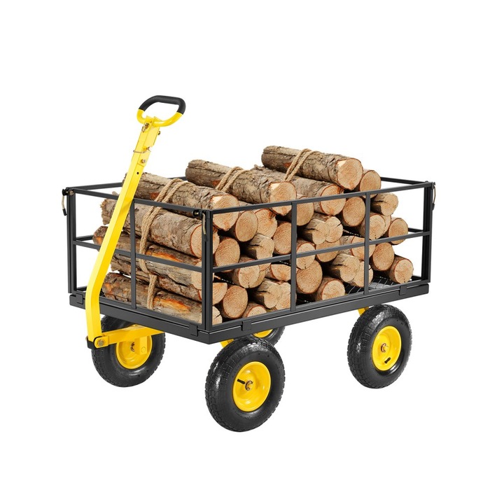 Carucior de gradina, pentru sarcini grele, capacitate 635 kg, ideal pentru curte, din otel, negru si galben