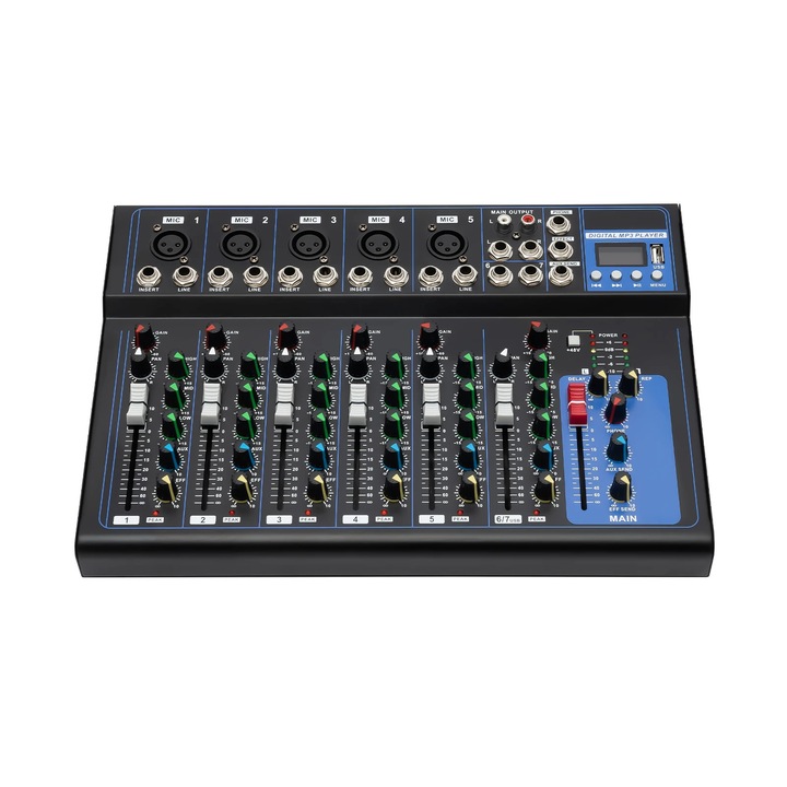 Mixer Audio Portabil Bluetooth cu 7 canale, Consola de Mixaj DJ cu USB, Jack MP3, Alimentare 48V, pentru Inregistrare de Studio, Culoare Negru