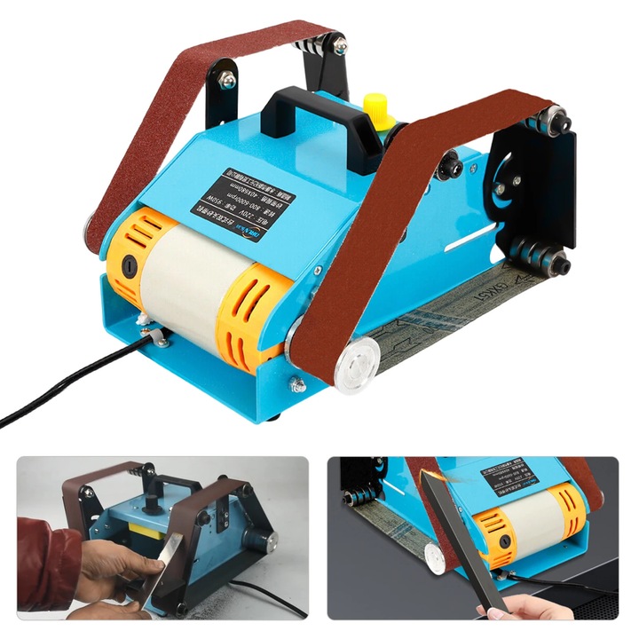 Masina de slefuit cu banda, Polizor electric/masina de lustruit cu doua axe, 950 W, 220 V, Reglabila, Motor cu perii, Certificat CE, Albastru