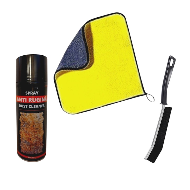 Спрей против ръжда, 400 мл с микрофибърна кърпа, 2 страни, неабразивен, 40х30 см и тънка четка, дължина 23 см, за почистване на труднодостъпни места