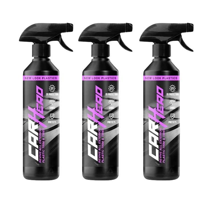 Set 3 x Solutie de Regenerat Plastic si Cauciuc, New Look Plastic, Car Hero, Dressing pentru suprafete Matuite, Detailing Auto, 500ml