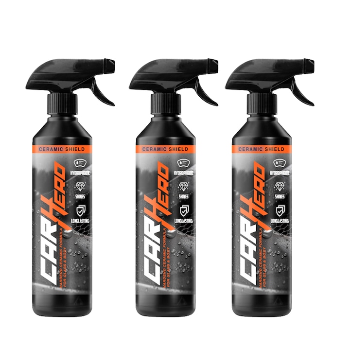 Set 3 x Protectie Ceramica Auto, Ceramic Shield V2, Car Hero, Protejeaza vopseaua, Anti UV, Hidrofob, 500 ml