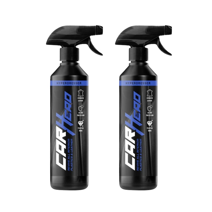 Set 2 x Solutie Profesionala Regenerare Plastic, Piele si Cauciuc, Hyper Dresser, Car Hero, Dressing pentru suprafete Matuite, Detailing Auto, 500ml