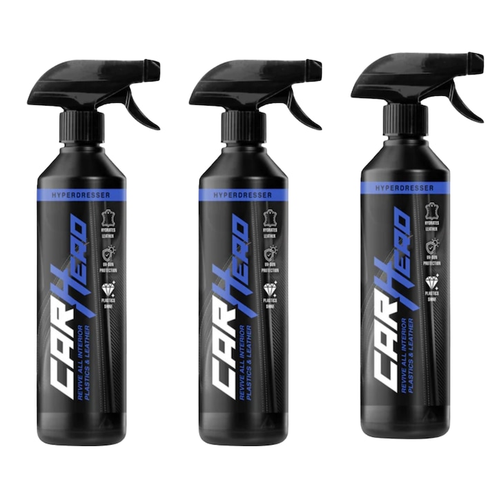 Set 3 x Solutie Profesionala Regenerare Plastic, Piele si Cauciuc, Hyper Dresser, Car Hero, Dressing pentru suprafete Matuite, Detailing Auto, 500ml