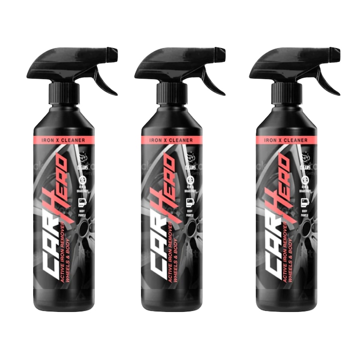 Set 3 x Solutie curatat Jante Aluminiu, Aliaj si Otel + Caroserie - Iron X Cleaner, Car Hero, Decontaminare Rapida, Detailing Auto, 500ml