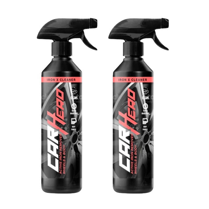 Set 2 x Solutie curatat Jante Aluminiu, Aliaj si Otel + Caroserie - Iron X Cleaner, Car Hero, Decontaminare Rapida, Detailing Auto, 500ml