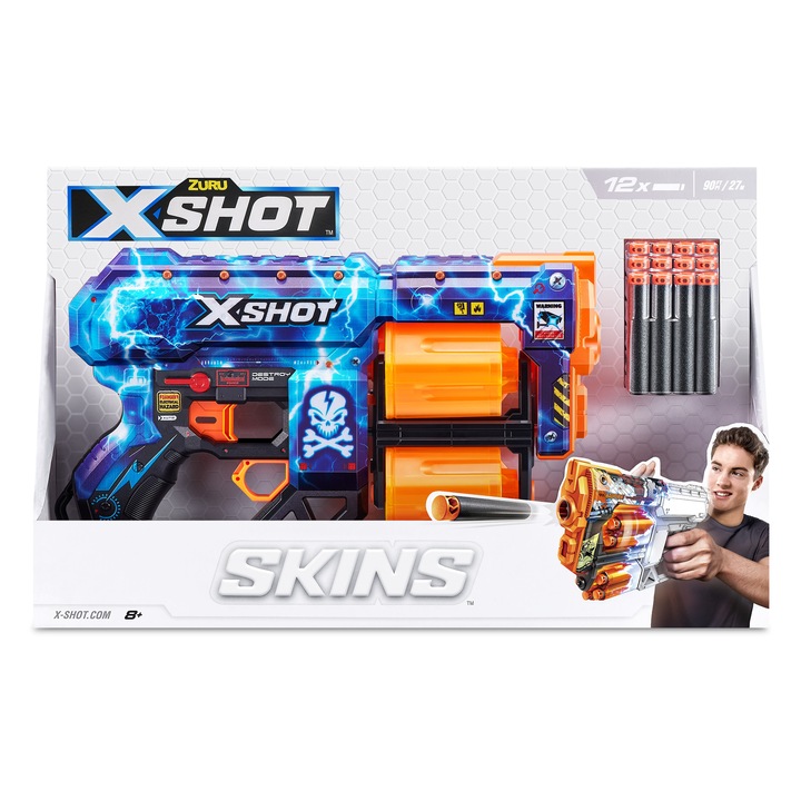 X-Shot Blaster Skins Dread, Elektro, 12 proiectile, raza 27m, albastru si alb