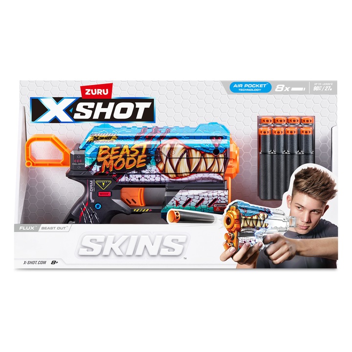 X-Shot Blaster Skins Flux, Beast Out, 8 proiectile, raza 27m, albastru
