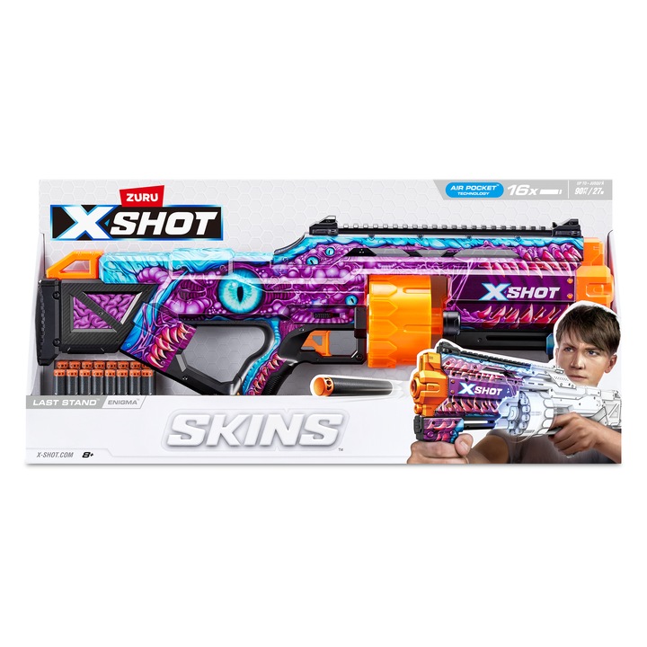 X-Shot Blaster Skins Last Stand, Enigma, 16 proiectile, raza 27m, Mov Nuante