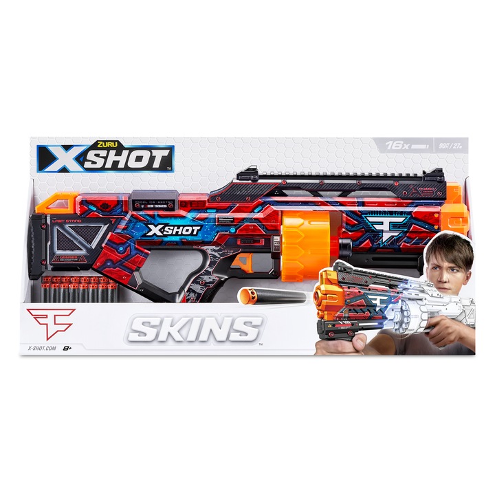 X-Shot Blaster Skins Last Stand, Faze, 16 proiectile, raza 27m, Rosu