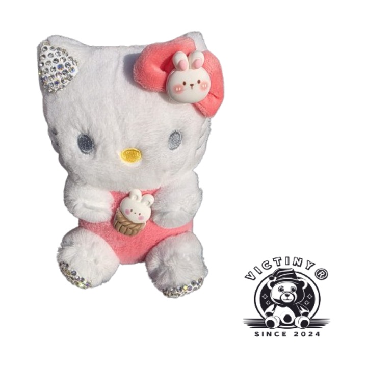Jucarie de plus Pisicuta Hello kitty, VICTINY® tip breloc, multicolor, 12 cm / roz inchis