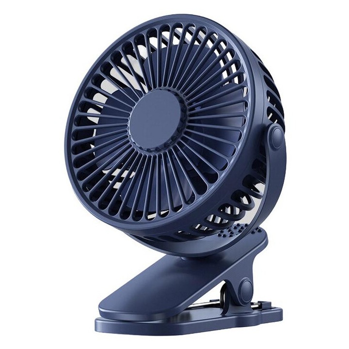 Ventilator portabil mini cu clema, USB, albastru, ajustabil 360°, pentru birou si dormitor