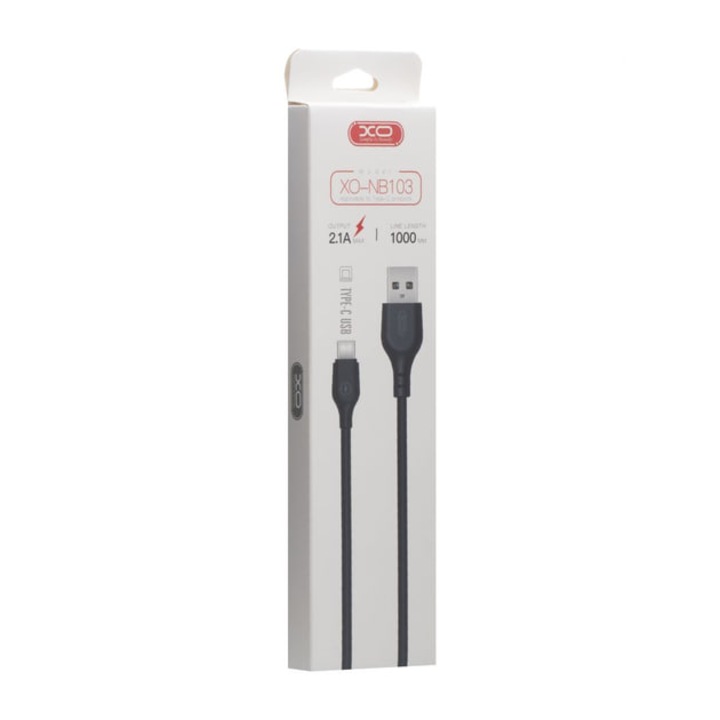 Кабел за данни и зареждане XO (NB103), USB-A към USB-C, 2.1 A, 2 м, черен