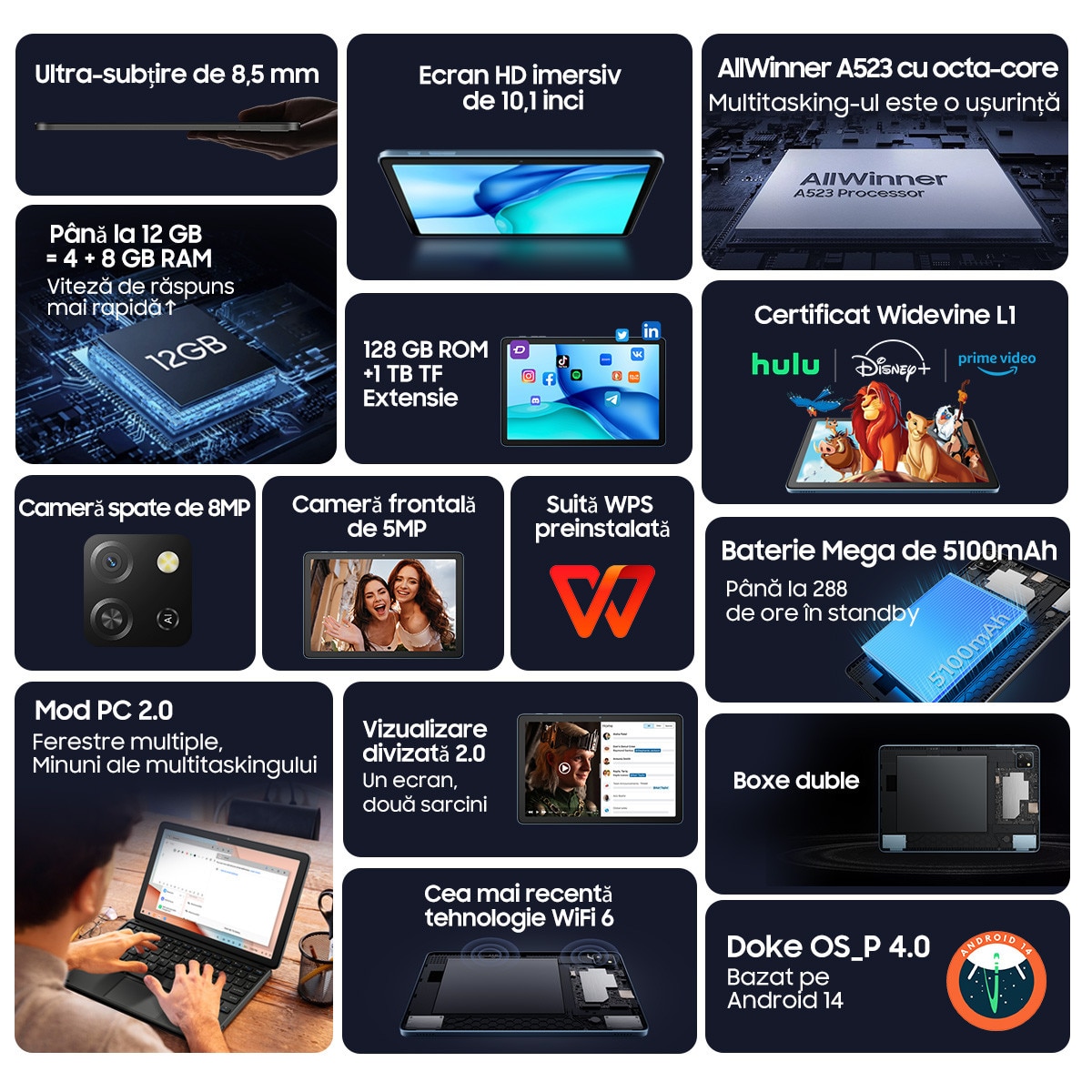 Tableta Blackview Tab 60 WiFi, 10.1 inch, Android 14, 60Hz, 800x1280, WIFI6(2.4G+5G), 12GB Ram(4GB + 8GB extensibili), 128GB ROM, Bluetooth 5.3, 5100mAh, Gri