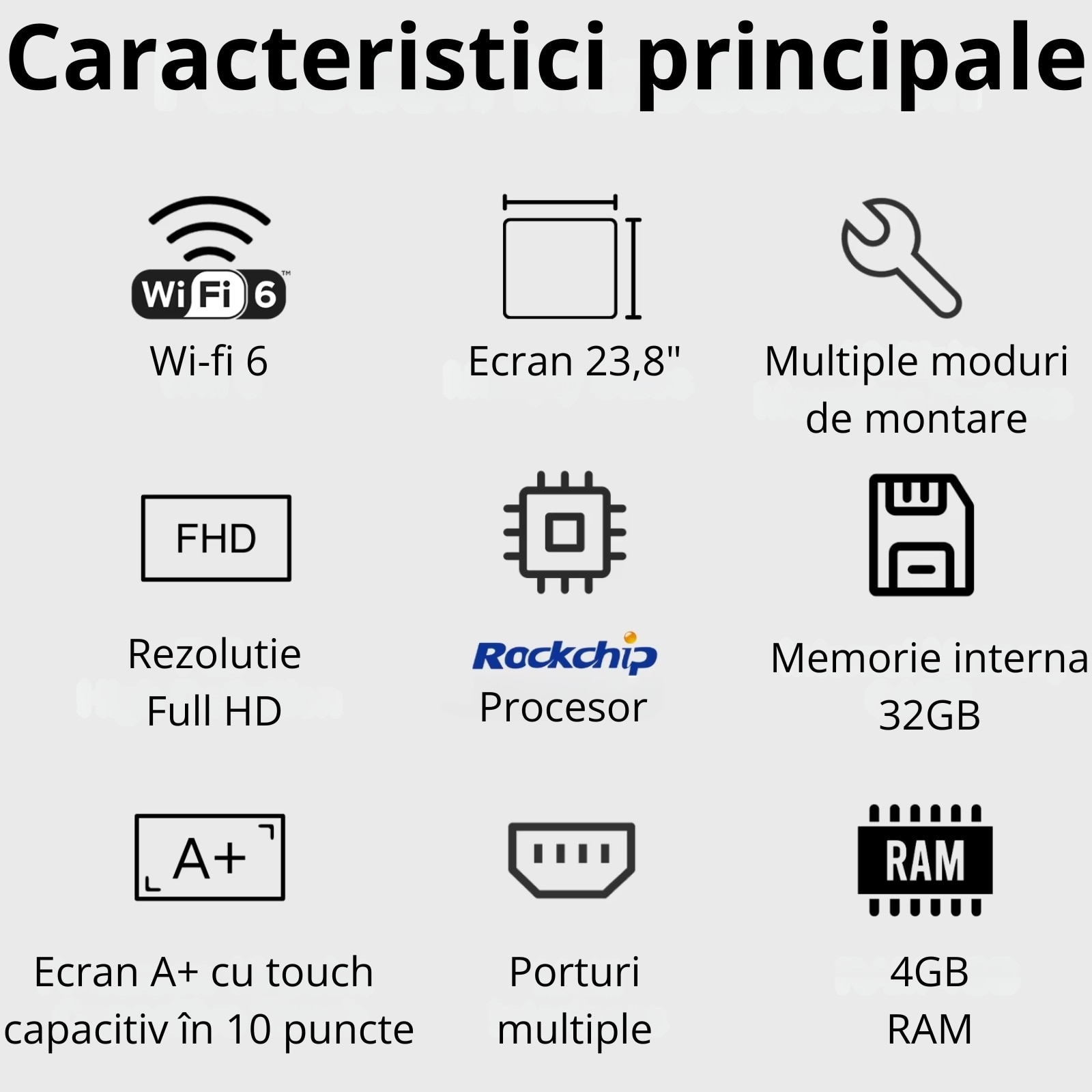 Tableta cu Android 14 de perete INNOVIO® – Ecran 23.8” IPS Full HD, Calendar Digital, Google Play, Wi-Fi 6, 4GB RAM, 32GB stocare, YouTube, Rama Foto, Culoare rama Alb