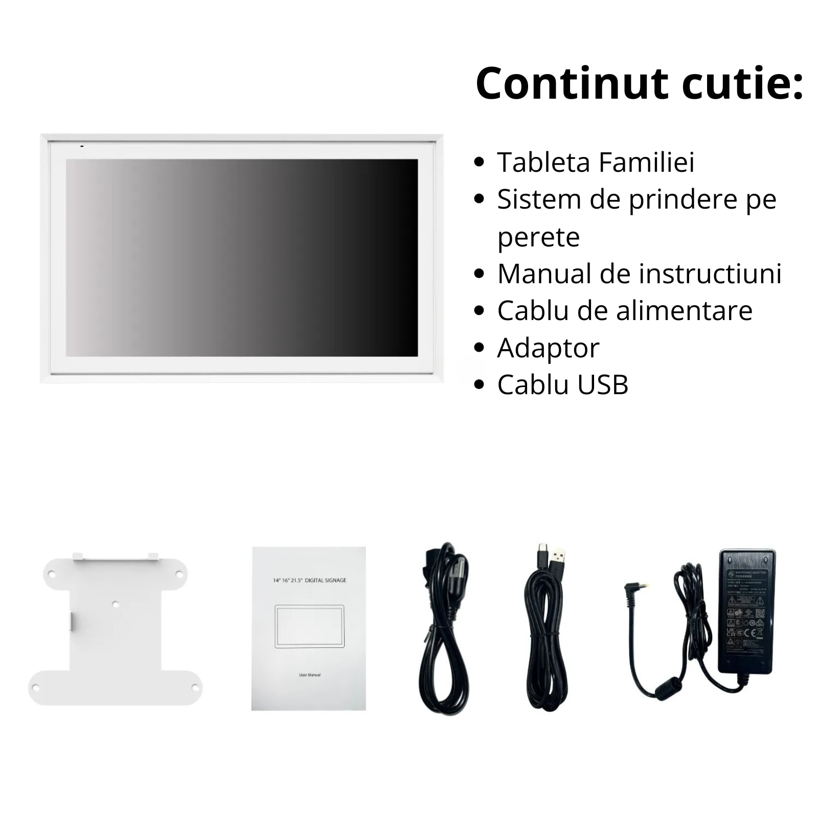 Tableta cu Android 14 de perete INNOVIO® – Ecran 23.8” IPS Full HD, Calendar Digital, Google Play, Wi-Fi 6, 4GB RAM, 32GB stocare, YouTube, Rama Foto, Culoare rama Alb
