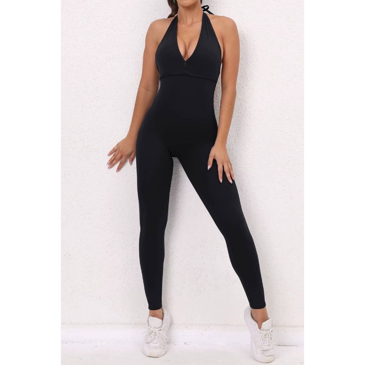 Salopeta fitness dama cu spate gol, SculptraX Jumpsuit, Negru 948