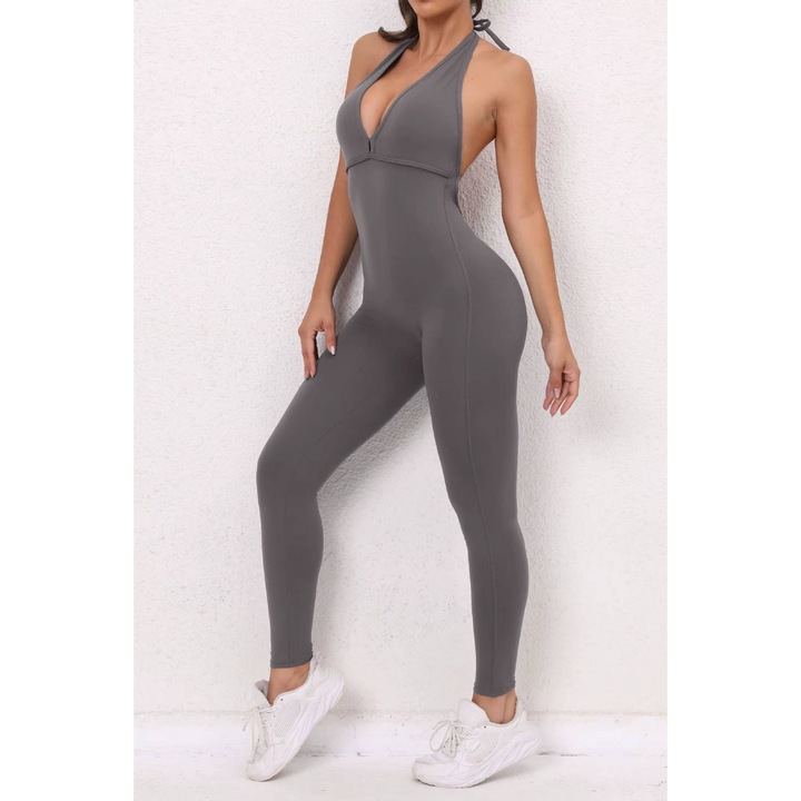 Salopeta fitness dama cu spate gol, SculptraX Jumpsuit, Gri 954