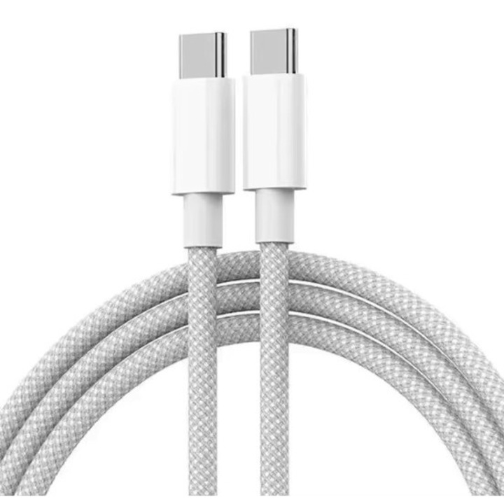 Кабел за зареждане, съвместим с iPhone и MacBook, 60W, Type-C към Type-C, оплетен, издръжлив найлон, 1 м, бял