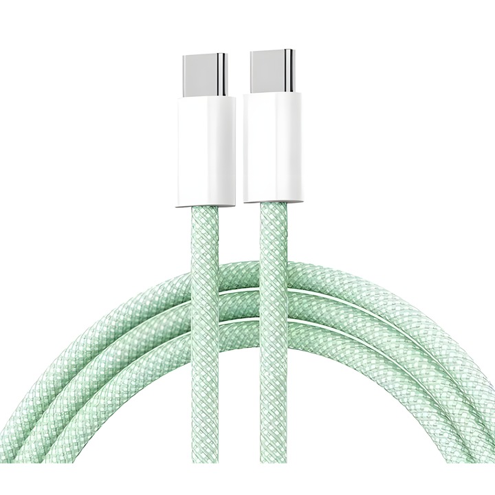 Кабел за зареждане, съвместим с iPhone и MacBook, 60W, Type-C към Type-C, оплетен, издръжлив найлон, 1 м, зелен