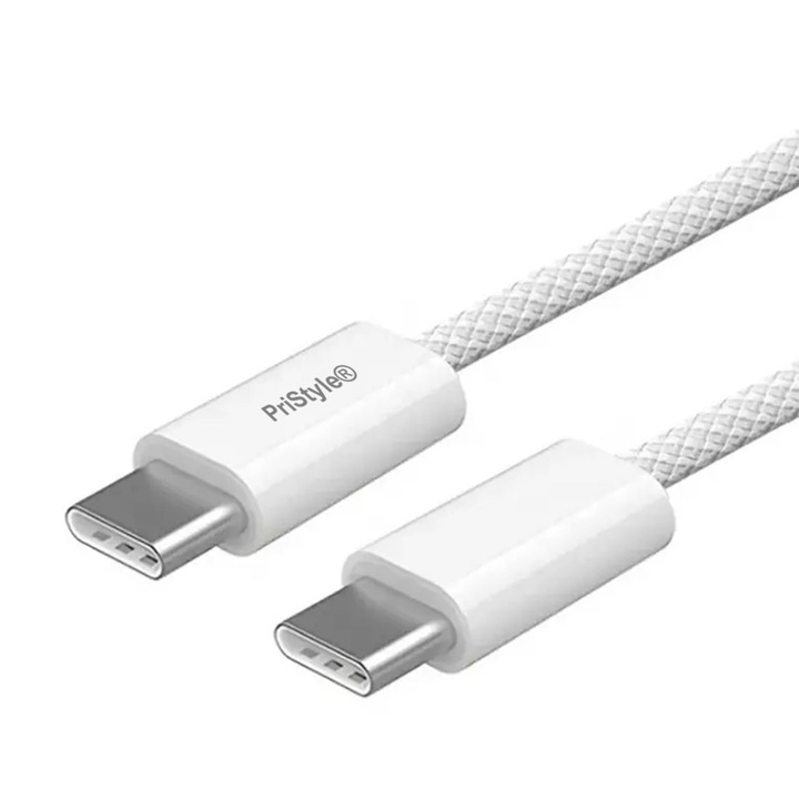 Кабел за бързо зареждане и данни, Универсален, Съвместим с Samsung, Apple, Xiaomi, Huawei, Oppo, USB-C към USB-C, PriStyle®, Type C, 1 м, Deep White