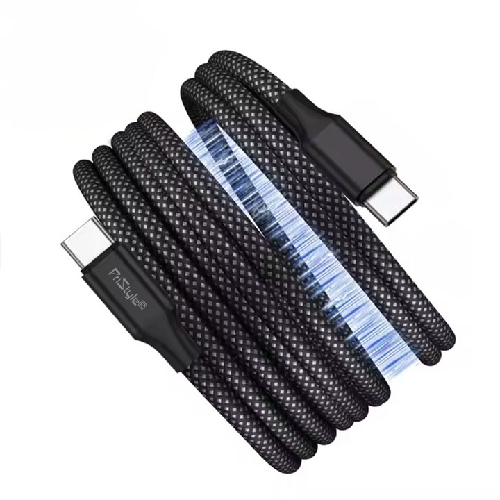 Univerzális USB C - USB C adat- és gyorstöltő kábel, Samsung, Apple, Xiaomi, Huawei, Oppo készülékekhez, USB-C - USB C, szőtt, 1m, törtfekete, PriStyle®