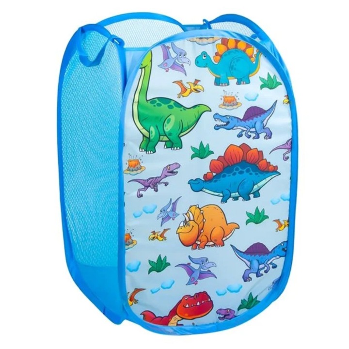 Кош за играчки, сгъваем, модел динозаври, текстил, син, 36x36x58см