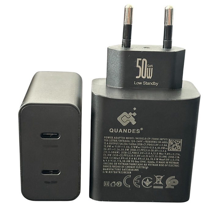incarcator retea compatibil cu Samsung galaxy s25 ultra Super Fast Charger Adapter Duo 50W, GaN, 2 x USB Type-C, Fara cablu