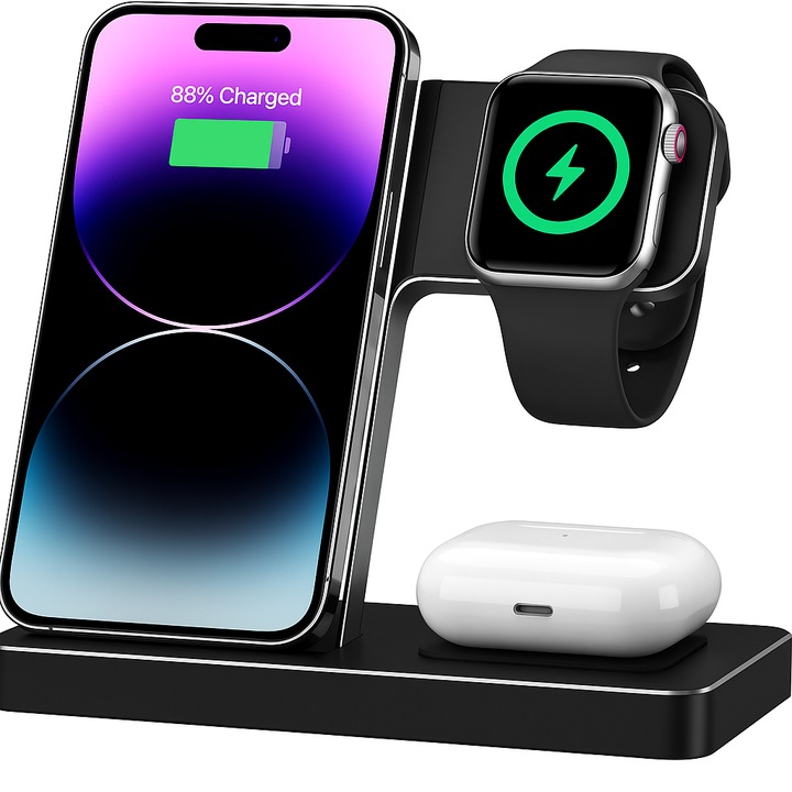 Statie incarcare Blasko 3 in 1 wireless Fast Charge pentru Telefon, Ceas Smart si Casti