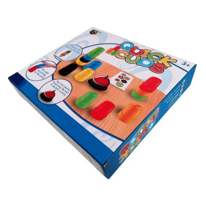 Ügyességi társasjáték, 24 db színes pohárral, csengővel és kártyákkal