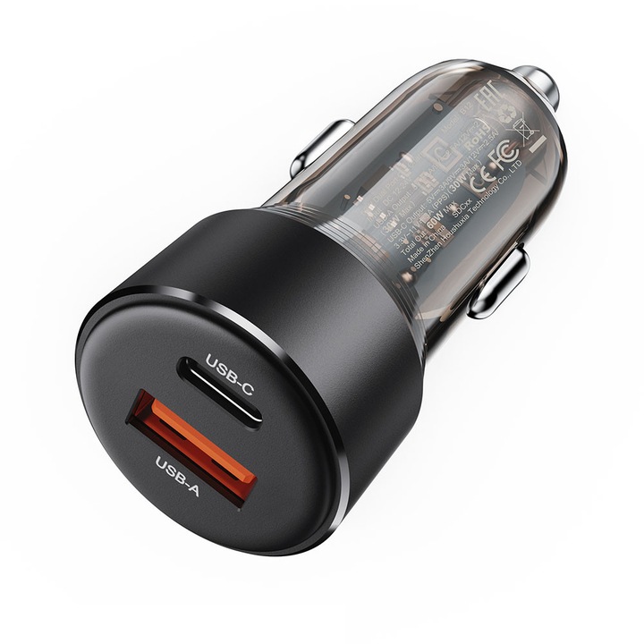 Incarcator Auto USB, Type-C, 60W, Dual Fast Charging - Acefast (B12) - Black