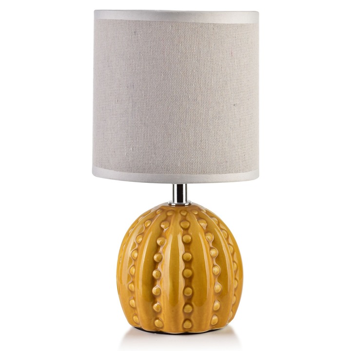Lampa De Birou, Mondex, Ceramica, Galbena, Forma De Cactus, Cu Abajur Textil, E27, 30 cm, Pentru Dormitor, Salon, Birou, 10 W, 220 V, Lumina Calda 2700 K, Nu Necesita Baterii, Acumulator Incorporat, Luminozitate Reglabile