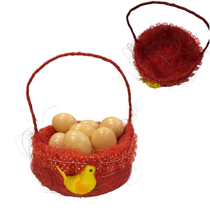 Cos rosu din rachita cu decor de pui, cos de colectare oua de Paste 17 cm ⌀